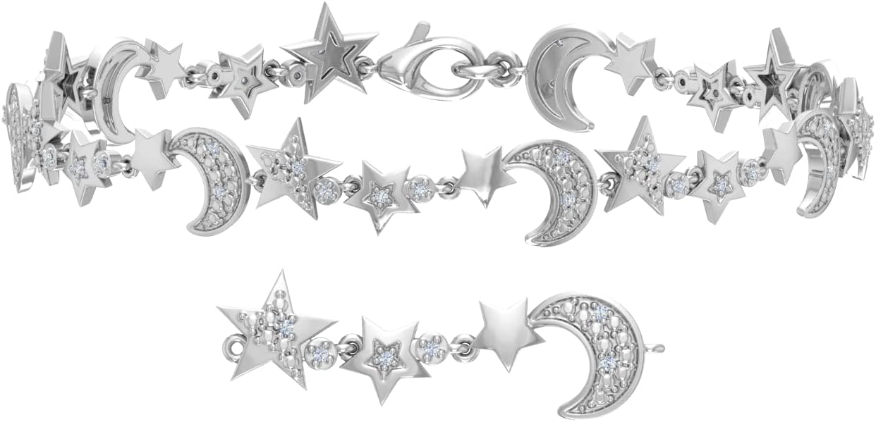 0.15 Carat Natural Diamond Stars and Moon Bracelet for Women in 925 Sterling Silver or in 18K Yellow Gold over Sterling Silver