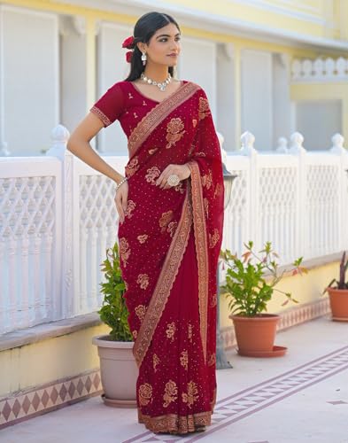 Image of SIRIL Women's Georgette Embroidery Saree With Unstitched Blouse
