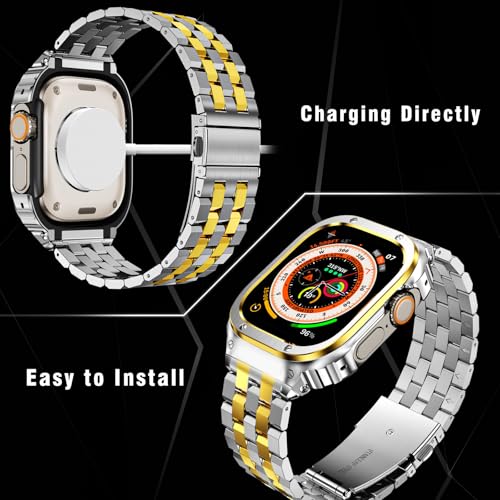 Image of SUPLINK Stainless Steel Band Case Compatible with Apple Watch Ultra 3 /2 /1 Bands Men, Metal Rugged Protective Bumper Adjustable Band for iWatch Ultra Bands for Men 49mm, Silver and Gold