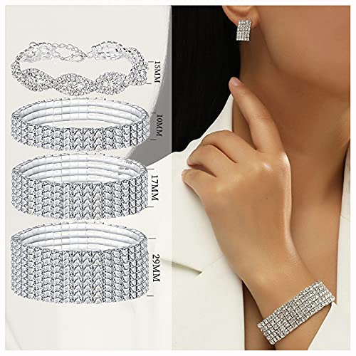 4 PCS Rhinestone Stretch Bracelets for Women Bling Bikini Competition Jewelry Silver Bridal Sparkly Wedding Strand Tennis Bracelet Set3