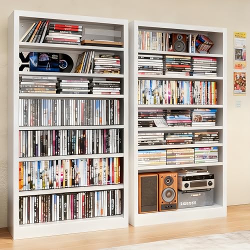 Image of Metal DVD Storage Cabinet, 7 Tier Tall Media Storage Shelf with Adjustable Shelves, Freestanding CD & DVD Rack Tower Bookshelf for Living Room, Home Entertainment,White