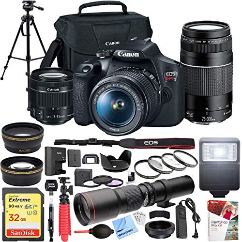 Image of Canon EOS Rebel T7 DSLR Camera with EF 18-55mm with EF 75-300mm Double Zoom Kit Bundle with 500mm Preset Telephoto Lens, 32GB Memory Card, Tripod, Paintshop Pro and Accessories (10 Items)