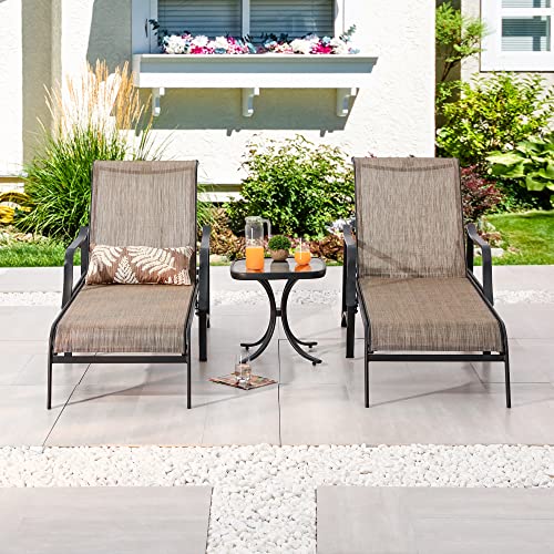 Top Home Space 3-Piece Patio Chaise Lounge Chair Set Metal Adjustable Back Textilene Outdoor Lounger With Glass Top Bistro Table For Porch Backyard Garden - Taupe Brown Grey #TOP5
