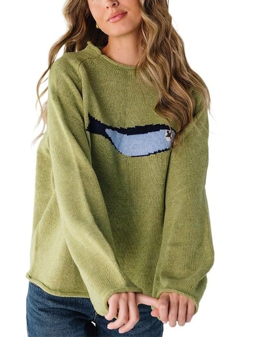 Oversize Fisherman Sweater for Women Y2k Graphic Print Long Sleeve Casual Knit Top 2025