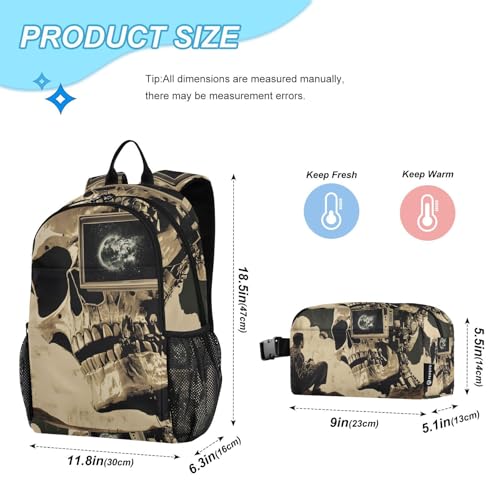 Backpack Lunch Bag Set for Travel Hiking Picnic, Mechanical Skull Man Print Backpacks with Insulated Lunch Box2