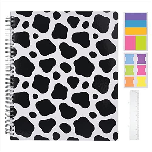 Nelovi Cute Large Spiral Notebook College Ruled, 11" x 9.5" with Durable Hardcover, 160 College Lined Pages with 100gsm Paper, Inner Pockets, Tab Stickers, Sticky Notes, and Removable Ruler (Cow Print Notebook)