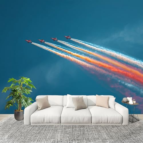 No autoadhesivo Mural fotográfico 200x140 cm DináMico AvióN ArcoíRis. HD Papel Pintado Decoración de Pared Murales Pegatina Azul 3D Diseno Fotográfico Formato grande adhesivos