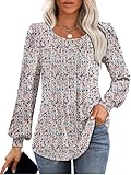Picture of Licemere Long Sleeve Shirts for Women Fall Fashion 2025 Womens Tunic Tops Pleated Crew Neck Puff Sleeve Blouses Dressy Casual (Floral White,S)