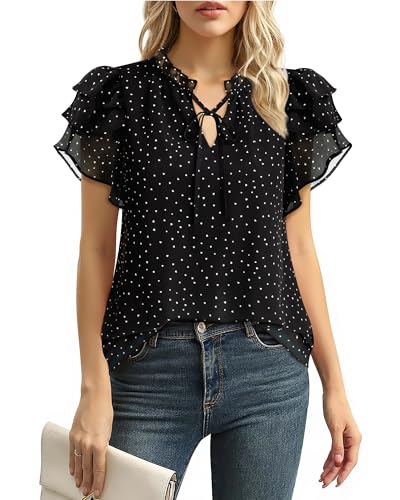 Lotusmile Summer Chiffon Dressy Casual Blouses Elegant Ruffle Short Sleeve Work Tops for Women Trendy