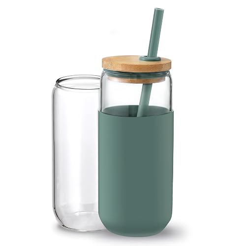 20oz Glass Water Tumbler with Silicone Protective Sleeve - Beer Shaped Glass Cups with Straw and Bamboo Lid, Iced Coffee Glasses, Cute Drinking Glasses for Water, Smoothie, Gift - Cambridge Blue