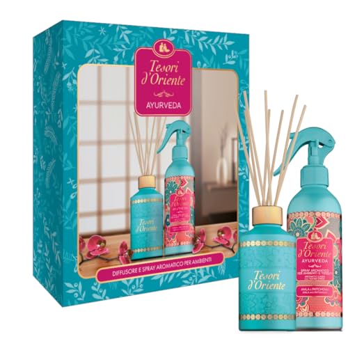Tesori d'Oriente - Set Regalo, Profumatore per Ambienti con Bastoncini 200 ml e Deodorante Spray per Ambienti 250 ml, Fragranza Ayurveda, Confezione Regalo