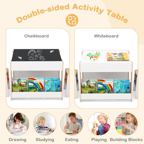 Image of GLACER Kids Table and Chairs, 4 in 1 Wooden Activity Table with Bookshelves, Reversible Tabletop, Chalkboard for Crafts, Drawing, Toddler Table and Chair Set, Easy to Clean (White + Natural)
