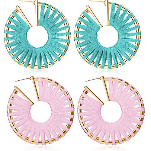 2 pares geométricos pendientes de aro de paja coloridos cuelgan los pendientes pendientes redondos hechos a mano para las mujeres niñas favor