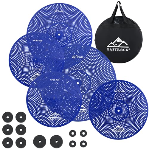 EASTROCK Low Volume Cymbal Pack - 5 Piece Set With Cymbal Bag & Felts - 14'' Hi-hat + 16'' Crash + 18'' Crash + 20'' Ride (Blue)