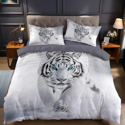 Animal Housse de Couette 200x200 cm Microfibre Imprimée Tigre Blanc dans la Neige Parure de Lit 2 Personnes avec Fermeture Éclair et 2 Taies d'oreiller 65x65...
