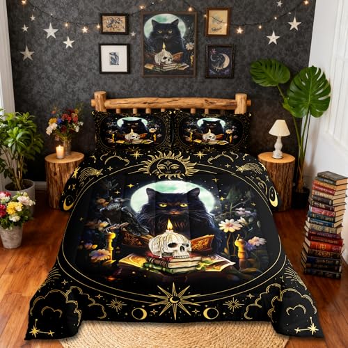 Trippy Cat Comforter Set Queen Size,Sun and Moon Kids Bedding Set Gothic Sugar Skull Crow Print Quilt Set for Girls Boys Adult Room Decor,Exotic Daisy Floral Duvet Insert,2 Pillowcases,Black