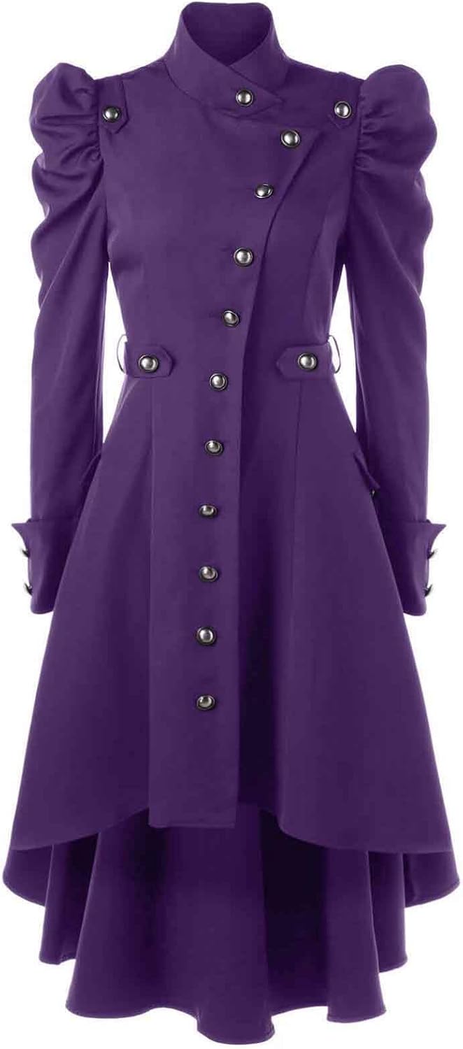 Renaissance Gothic Tailcoat Halloween Costumes for Women, Medieval Steampunk Victorian Long Trench Coat Jacket Dress