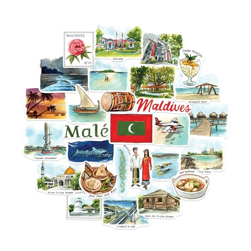 Navy Peony Blissful Maldives Travel Stickers (28 pcs) – Autocollants de voyage illustrés à la main, inspirés des Maldives et de Malé, parfaits pour journaux, scrapbooks et bagages