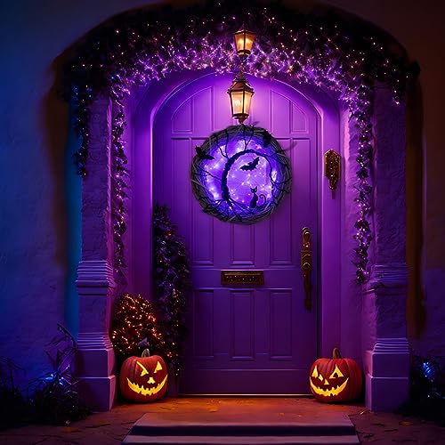 Halloween Wreaths for Front Door, 15 Inch Halloween Lighted Wreath with Bat and Cat Decor, 45 LED Purple Lights Battery Operated, Front Door Porch Wreath Decorations for Holiday Party (Purple) - image 2