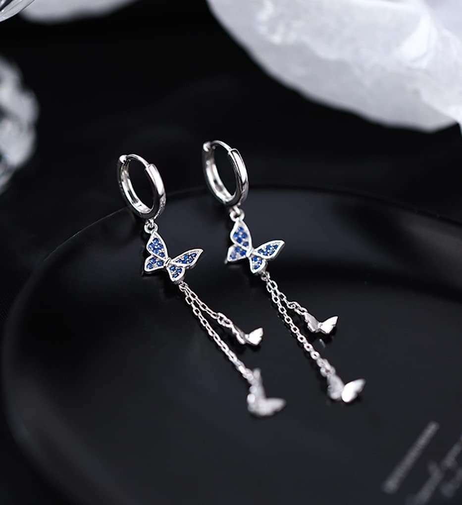 SLUYNZ 925 Sterling Silver Butterfly Dangle Earrings Tassel for Women CZ Butterfly Hoop Earrings Chain - Image 3