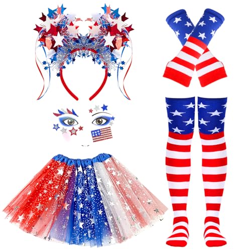 5Pcs 4th of July Tutu, Red White and Blue Costume Tutu Patriotic Accessory Set Star Headband, Holiday Dress Up Kit for Girls 6 to 12 Years, 250 Years Independence Day, Parade, Patriotic Themed Events