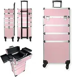 Maleta de Maquiagem Profissional Com Rodinhas e Divisórias Organizador Completa 4 Andar Rosa