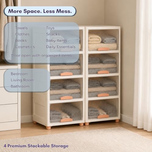 Image of HoopVool Foldable Storage Cabinet, Stackable Plastic Storage Box with Front Opening Door, Dustproof Organizer for Clothes, Toys, Books, Bathroom & Bedroom (4-Tier (33 X 38 X 107 CM))