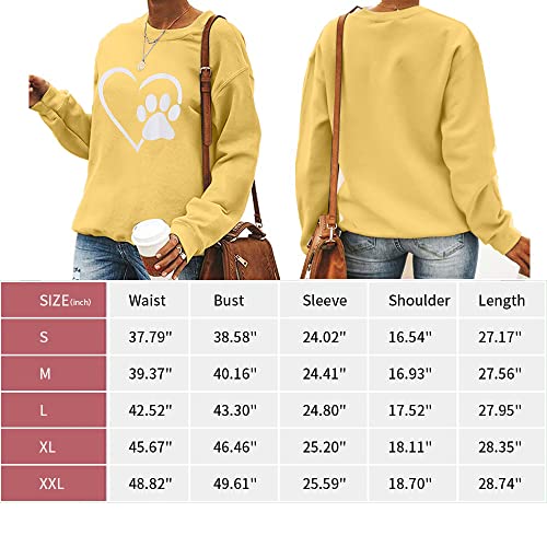 Bangely Heart Dog Paw Graphic Sweatshirt Women Cute Dog Mom Shirts Casual Crewneck Fashion Pullover Tops Yellow #TOP5