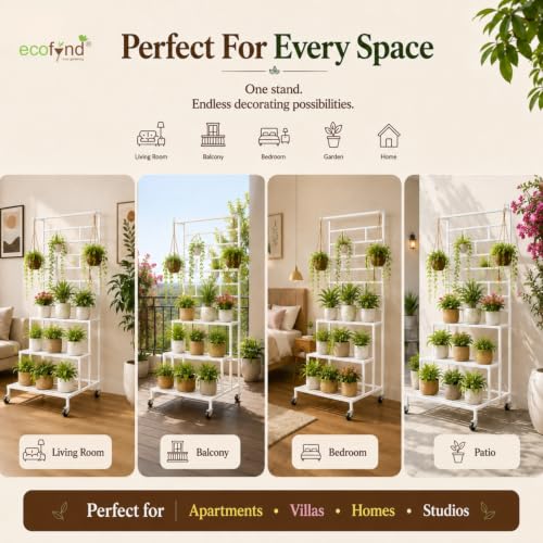Image of ecofynd Eden Plant Stand with Wheels for Outdoor Balcony, Flower Stand for Indoor Plants, Large Metal Planter Stand for Living Room, Home Decor, Indoor & Outdoor Plants, 4 Tier (PS058-WHT-WHEL)
