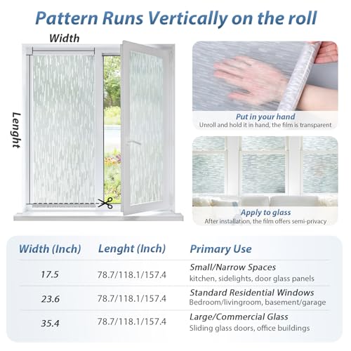 Image of LUTE Window Privacy Film, Frosted Glass Window Film, Linear Frosted | Non-Adhesive Frost Vinyl Glass Door Covering, Static Cling UV Blocking, for Home Office, 17.5 inch x 118.1 inch