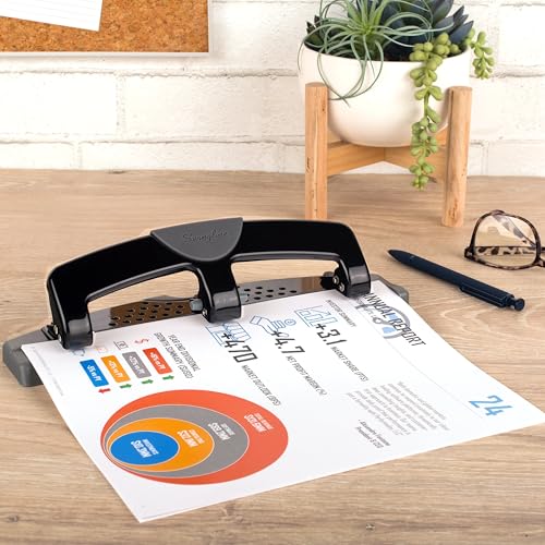 Image of Swingline 3 Hole Punch, 12 Sheet Capacity Three Hole Puncher 3 Ring, Paper Punch, SmartTouch Low Effort, Alignment Guide, Black & Silver (74134)