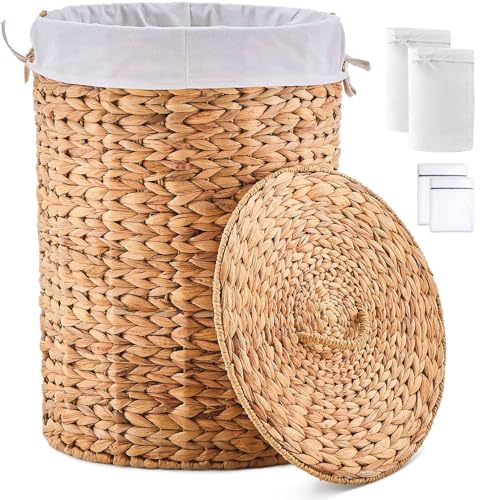 Round Water Hyacinth Laundry Hamper with Lid Handwoven Wicker Basket with Handles for Dirty Clothes, Storage, and Organization Ideal for Bedroom, Bathroom, and Laundry Room, No Assembly Required, 90L