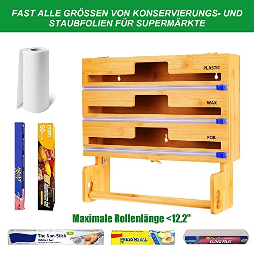 Foto von 4-in-1 Folienschneider mit Papierhalter, Folienspender Mit Cutter, Frischhaltefolie Wachspapierrolle Bambus/Folienabroller Bambusholz Organizer für Küchenschublade