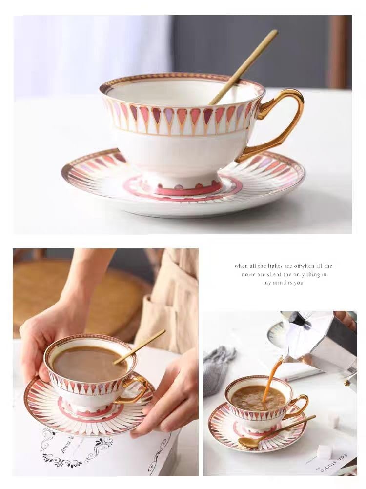 Zestaw filiżanek do espresso, kubki do kawy, filiżanka do herbaty w stylu europejskim, lekka, luksusowa brytyjska z łyżką i spodkiem, stojak na mleko(Blue+PINK(4SET))