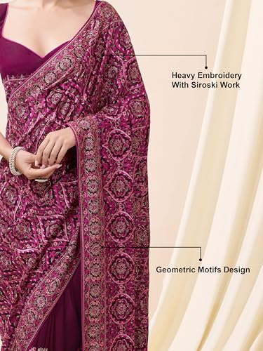 Image of TRENDMALLS Women's Vichitra Silk Heavy Embroidery With Siroski Stone Work Saree with Unstitch Blouse Piece For Women