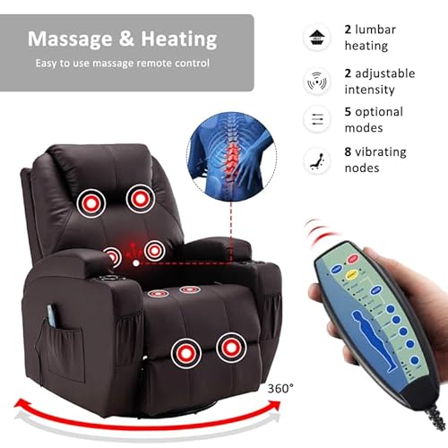 Korser Recliner Chair, Massage Chair For Elderly And Adults, Pu Leather Manual Recliner Chair, 360° Swivel Reclining Chair With Heat, Recliner Chair With Remote Control And Cup Holder For Living Room #TOP4