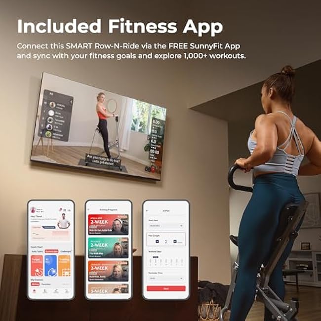 Sunny Health & Fitness Row-N-Ride PRO, Full Body Combo Squat Machine w/Optional Resistance Band, Easy Setup Ab Workout Exercise Equipment for Home, Whole Body Cardio, Optional SunnyFit App Connection