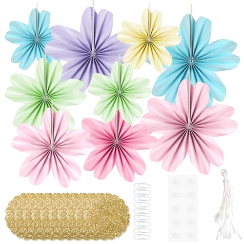 MINGBOLIN 9 Piezas Abanicos de Papel Decorativos Flores de Papel para Colgar Flores De Papel Decoracion Abanicos Decorativos en Tonos Pastel, Decoración para Fiestas, Bodas y Baby Shower