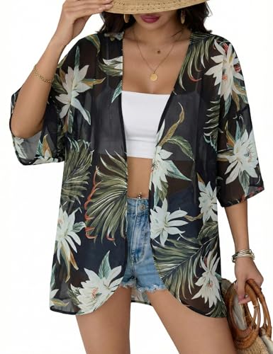 Image of Chunoy Women Floral Beach Wear Cover Up Chiffon Kimono Cardigan Open Front Blouse Top