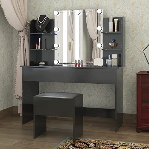 Joysource Large Vanity Set With 10 Light Bulbs, Black Makeup Vanity Desk With Cushioned Stool, Vanity Table With 6 Shelves & 2 Large Drawers, Wood Dressing Table For Women, Girl, Bedroom #TOP1
