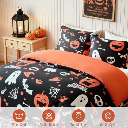 Image of Lekesky Halloween Black Duvet Cover King Size, Pumpkin and Ghost | Zipper Closure, 8 Interior Ties, Ultra Soft Microfiber Breathable, Machine Washable, 104 inch X 90 inch,with 2 Pillowceses 20 inch X 36 inch