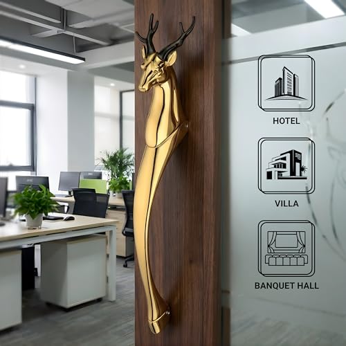 Image of GLOXY Premium Gold 12 inch Classic Vintage Deer Shaped Main Door Handle with 8 inch Hole-to-Hole Spacing - Decorative Push & Pull Aluminium Wooden & Glass Doors Handles for Homes, Hotels & Offices- Pack of 1