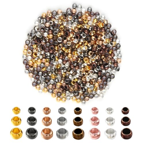 DIAONIAN 600 Piezas Cuentas de Engarzado, Abalorios de Crimpado, Cuentas de Metal, para Bricolaje, para Hacer Colgantes, Pulseras, Manualidades, 8 Colores (1.5mm/2.0mm/2.5mm)