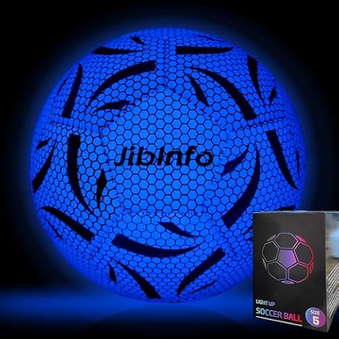 JibInfo Light Up Soccer Ball Size 5, Glow in The Dark Soccer Ball Luminous Soccer Balls for Day&Night Games and Training Gifts for Men Youth and Adult Night Games Blue Cover
