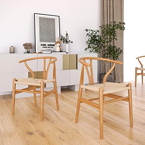 STARY Set of 2, Fully-Assembled Modern Wishbone Mid-Century Curved Backrest, Natural Hemp Seat Suitable, Kitchen, Living Room Weave Dining Chairs