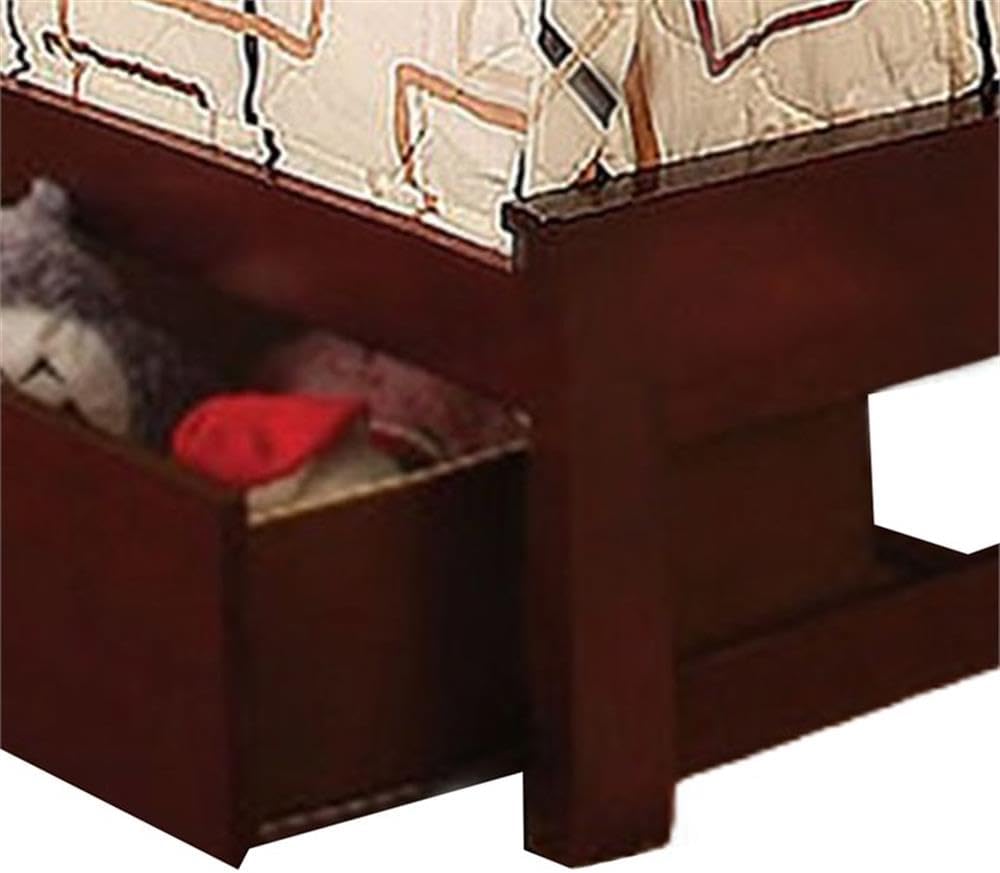 Pemberly Row Twin Size Bed, Solid Wood and Veneers, Cherry Brown Finish, Slatted Headboard, Pull-Out Storage Drawers, Low-Profile Frame, Transitional Style, Ideal for Kids or Guest Bedrooms