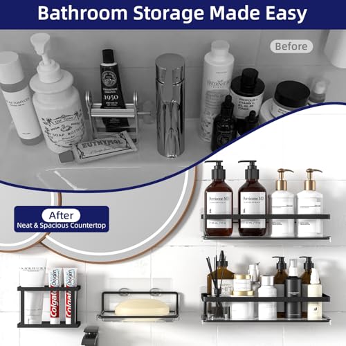 Epicano Adhesive Shower Caddy, 5 Pack Rustproof Stainless Steel Bathroom Shelves, No Drilling Wall Mount Clear Shower Organizer, Large Capacity Storage for Bathroom,Kitchen,Dorm and RV, Black — view 5