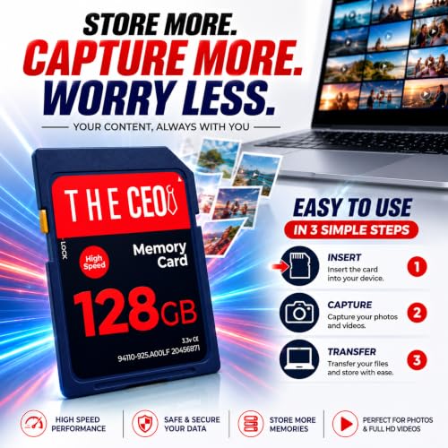 Image of THE CEO SD Card for Camera 128GB Class 10 Memory Card UHS-I Compatible