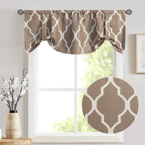 Jinchan Tie Up Valance Curtains Blackout Faux Linen Textured Valances For Bedroom Kitchen Living Room Adjustable Geometry Lattice Farmhouse Country Window Valances Rod Pocket 1 Panel 18 Inch Taupe #TOP1
