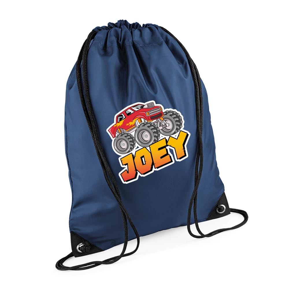 Getagift Personalised Monster Truck Gift – Custom Name Design, Ideal for Boys, PE Gym Kit Swimming, Sport Rucksack. (French Navy)